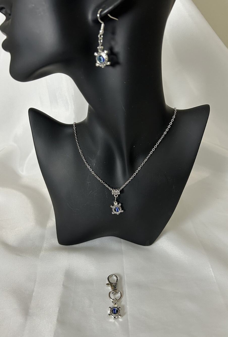 Whimsical Silver Tone Turtle Necklace, Earrings & Purse/ Keychain Charm Set